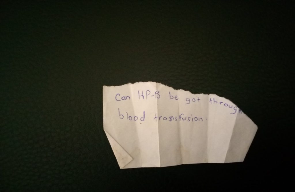Handwritten student question: Can HP-B be got through blood transfusion?